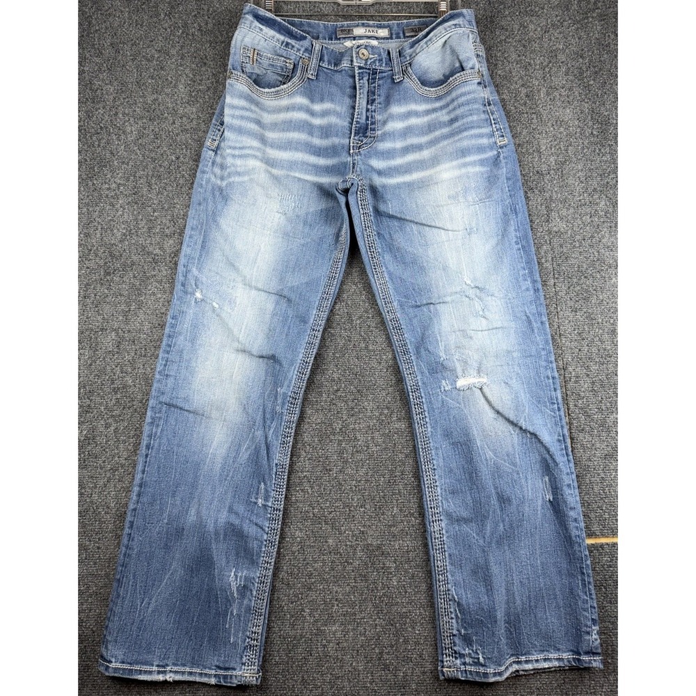 BKE Jake Bootleg Jeans Mens 33R 32x29.5 Blue Stretch Denim Distressed Cowboy